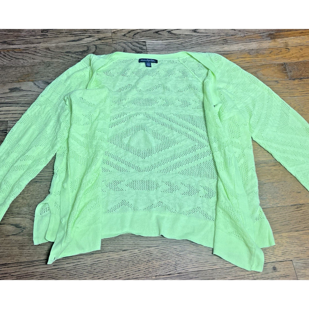American Eagle XL Cardigan Sweater Neon Yellow Green Cotton Blend Lightweight - Picture 3 of 10